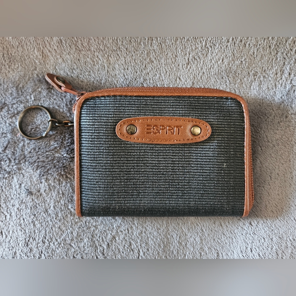 Vintage Esprit Card Zip Wallet Brown Leather And Black Textile